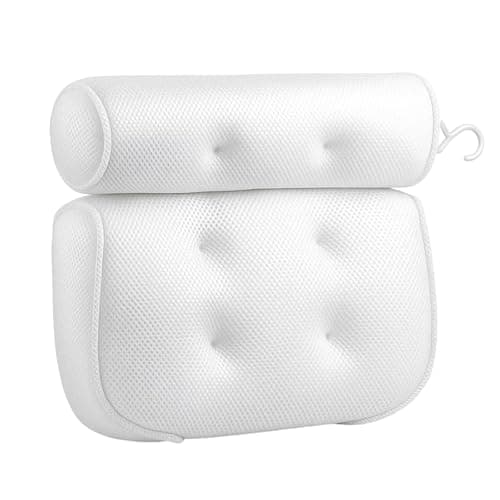 Bath Pillows for Head and Neck, Waterproof Bath Cushion with 6 Suction Cups, Soft Bathtub Pillow for Relaxing Bath, Fits Most Bathtubs (White, 35x33x5cm)