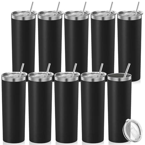 LYCN 10 Pack 20oz Stainless Steel Skinny Tumbler, Straight Tumblers Bulk with Lid and Straw, Black Insulated Slim Double Wall Tumbler Travel Mug Cups for Sport Gym DIY