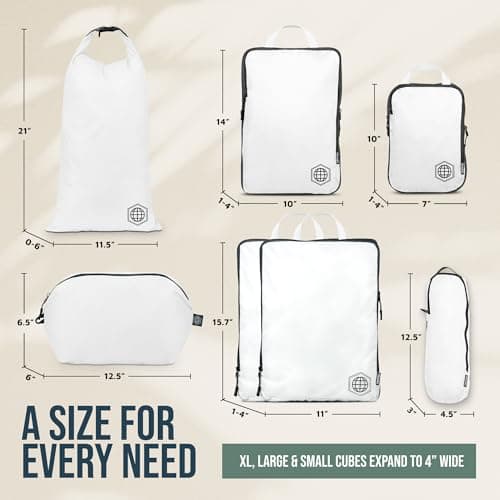 Extra Large Compression Packing Cubes for Travel-Extra Large Packaging Cube Luggage Organizers 7 Piece Set-Ultralight, Expandable/Compression Bags for Clothes (White/Grey) — view 5