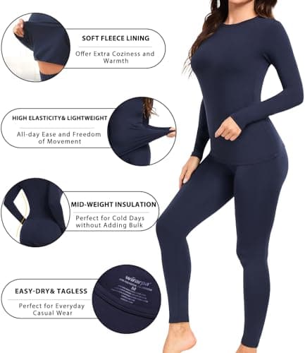 wirarpa Women's Thermal Underwear Set Fleece Lined Top & Bottom Navy S — view 2