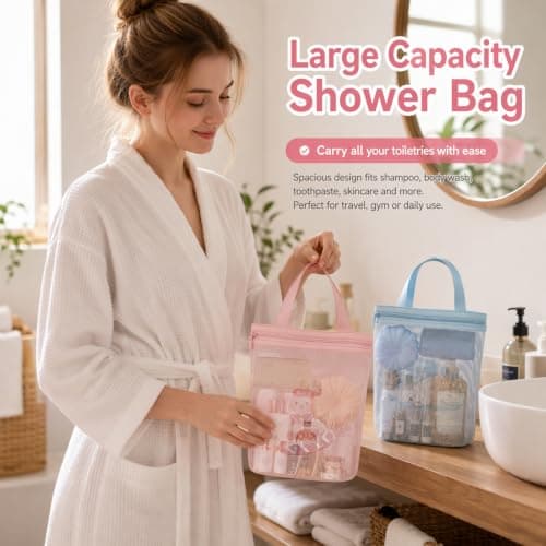 2-Piece Shower Bag and Portable Shower Caddy Set (Pink and Blue) — view 6