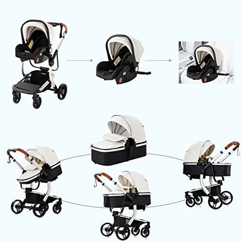 Magic ZC PU Leather 3 in 1 Pushchair Pram Travel System, Baby Stroller 3 in 1 with Reversible Two Pushing Modes, Newborn Infant Carriage One-Click Folding, Toddler Buggy Aluminum Frame (White 518) — view 4