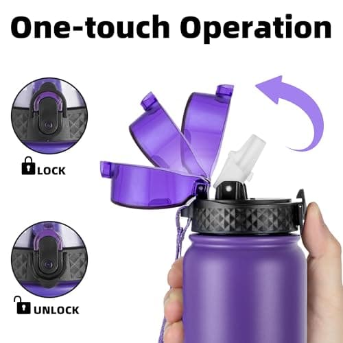 OLDLEY Stainless Steel Water Bottle with Straw 1L Vaccum Insulated Large Drink Flask Metal Water Bottles 1 Litre Leakproof Keeps Hot Cold for Sports Gym Camping Adult Women Men(Purple Rose, 1 Lid) — view 4