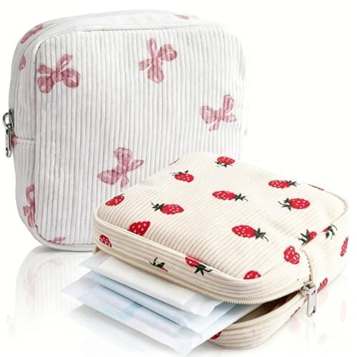 2 Pack Period Bag for Teen Girls, Striped Sanitary Napkin Storage Pouch, Cute Portable Period Bag, Holds Pads, Tampons, Menstrual Cups & Liners, Pad Pouch for Travel & Daily Use (Beige)