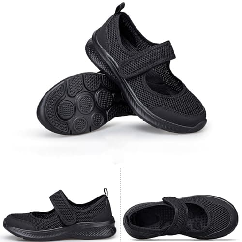 Womens Orthopedic Mary Jane Shoes Summer Breathable Knit Adjustable Strap Barefoot Lightweight Comfortable Non Slip Walking Shoes for Hiking Holiday UK Black, Size 7 — view 5