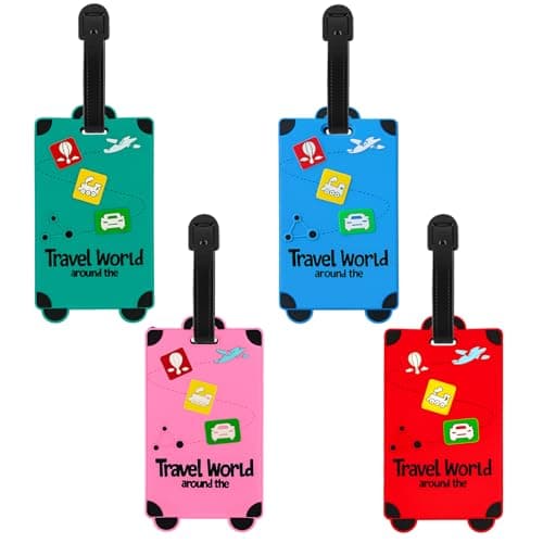 TamBee Luggage Tags for Suitcases Luggage Tags Labels Travel Suitcase Secure Baggage Labels with Buckles and Name ID Card, Unique Beach Series (Travel World Set, 4 Pack)