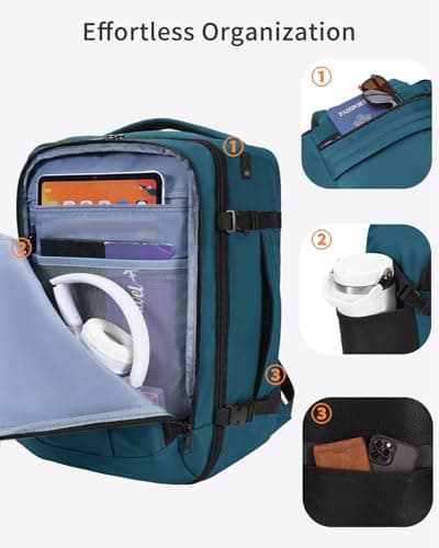 ECOHUB Ryanair Cabin Bags 40x30x20, Underseat Travel Bag with 9 Pockets, Recycled PET Eco Friendly Hand Luggage Backpack, Lightweight Rucksack for Women & Men, Carry on Bag with USB Port 20L,BlueGreen — view 4