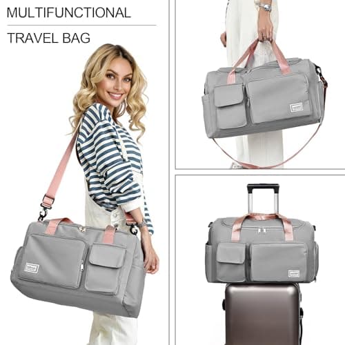 RainFlowwer Travel Duffel Bag Women Men,Sports Gym Bag with Shoes Compartment,Waterproof Travel Bag Overnight Bag with Dry Wet Separated Pocket,Carry Luggage Bag Weekender,Sports,Gym,Travel(Grey&Pink) — view 2