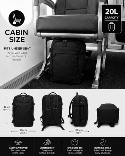 BP-R-120 Ryanair Cabin Bag 40x25x20cm Carry On Backpack Underseat CabinBag Carry on Luggage for Men Women Travel Bag Backpack (Black) — view 3
