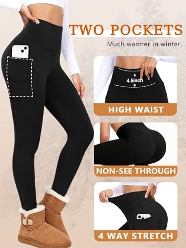 BLONGW Women's Fleece Lined Leggings High Waist Thermal Coffee Light Apricot with Pockets, Ladies Winter Warm Fur Lined Stretchy Yoga Pants Tights — view 4