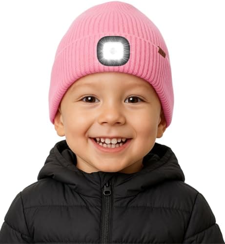 ATNKE Kids LED Lighted Beanie Hat with Lined Fleece, USB Rechargeable 4 LED Running Headlamp Ultra Bright Hands Free Head Torch Winter Warm Knit Skull Cap Gifts for Boys and Girls/Pink