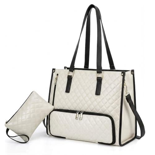 HoldOneLight 2-in-1 White Tote Bag, 15.6 Inch Laptop & Insulated Lunch Bag