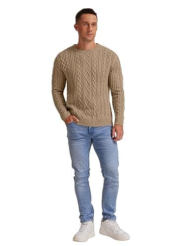Hisir Men's Cable Knit Jumper, Thick Warm Crew Neck Winter, Khaki, XL — view 5