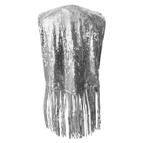 Wesaloes Womens Hippie Vest 70s Fringe Trim Jackets Sequin Gilets Glitter Tassels Vest Cardigans Open Front Boho Western Jacket Cardigan Club Dance Party Western Jacket (Silver, L) — view 3