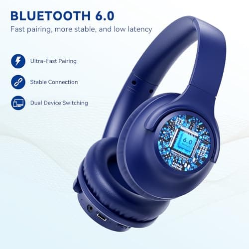 KVIDIO Bluetooth Headphones Over Ear, 65 Hours Playtime Wireless Headphones with Microphone, Foldable Lightweight Headset with Deep Bass,HiFi Stereo Sound for Travel Work PC Cellphone (Blue) — view 4