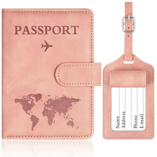 OFFCUP Passport Holder Cover, PU Leather Passport Cover and Luggage Tag Set with RFID Blocking Travel Wallet, Universal Travel Wallet Case Organiser for Money, Boarding Passes, Credit Cards Pink