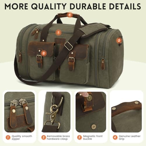 Imyth 60L Large Capacity Leather Duffle Bag - Classic Vintage Expandable Canvas Weekend and Overnight Travel Bag, Airplane Carry-On Luggage（Army Green） — view 4