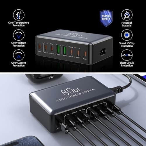 Kitbox Multi USB C Charger Phone Charging Station 80W Multiport Charger Adapter Dual 20W USBC Fast Charging Plug UK for iPhone 17 16 15 14 Pro Max iPad Samsung Galaxy Pixel 10 9 etc,black — view 6