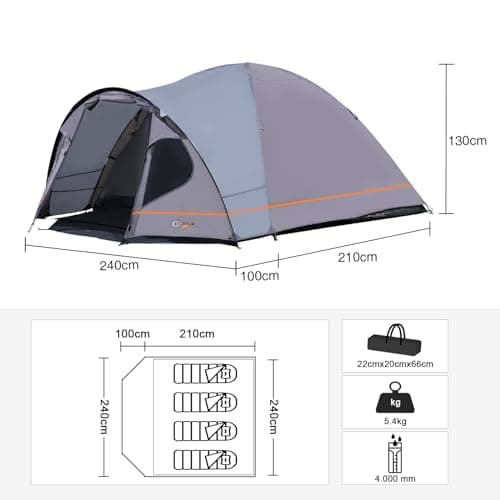 Portal 4 Man Tent with Porch, Camping Tent for 3 to 4 Persons with Sewn-in Groundsheet, 4000mm Waterproof, Dome Tent for Festival Outdoor Garden Picnic Hiking — view 4