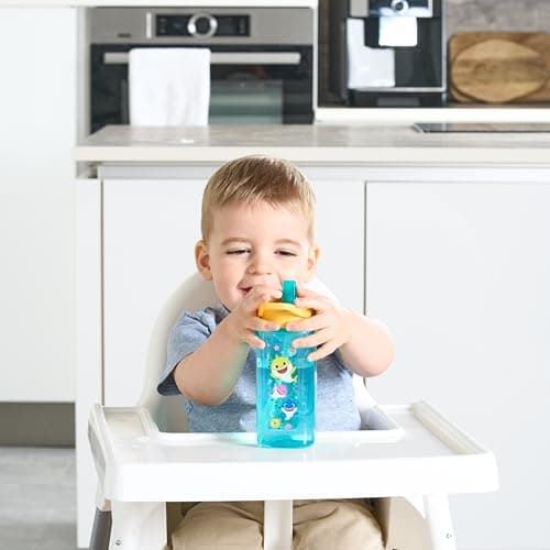 Baby Shark Water Bottle, 6M+ BPA Free 2 Pack 420ml Straw Sipper for Toddlers, Reusable Non Spill Flip Up Yellow Green Kids Lightweight School Nursery Bottle — view 4