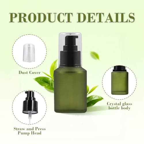 ericotry 1PCS 60ml/2oz Green Empty Glass Pump Lotion Bottle Cosmetic Container Essence Emulsion Sample Dispenser with Black Pump Head and Anti-Dust Cap — view 5