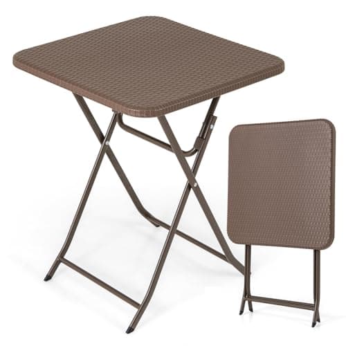 COSTWAY Folding Picnic Table, Portable Square Camping Trestle Table with HDPE Top & Metal Frame, Outdoor Indoor Use for Kitchen Garden Patio BBQ (Brown Rattan Textured Top, 60 x 60 x 72cm)