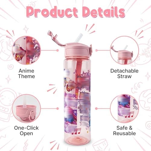 Heartsking K Pop Water Bottle for Girls, Pink Reusable Plastic Water Bottle with Straw for Sports and Travel Drinkware Merch Gift for Girls Fans Teens Party Birthday — view 4