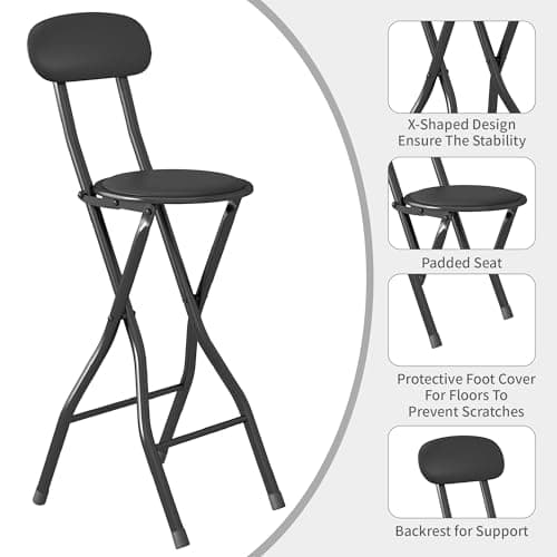 mcc direct Folding Bar Stool Set of 1, Breakfast Barstool Kitchen Restaurant Seating, Faux Leather Foldable Chair with Metal Frame, Padded High Chair(Black) — view 4