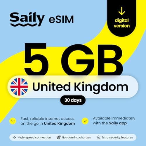 Saily, eSIM Data Plan for the UK, 5GB/30 Days, Security Features, Digital Code