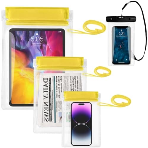 Garegce Clear Waterproof Pouch Bag, [4 Pack] Waterproof Bags Large Size Set, Waterproof Case Dry Bag for Beach/Swim/Boating/Kayaking/Hiking/Protect Phone/Camera/Cash/Document - Yellow