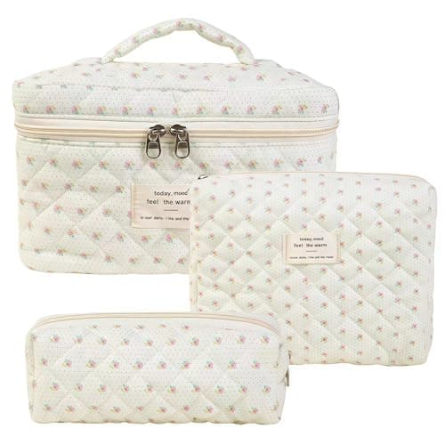 Aucuu 3PCS Coquette Makeup Bag, Quilted Makeup Bag for Women, Floral Cotton Cosmetic Bag Set, Large Capacity Aesthetic Floral Toiletry Bag, Travel Toiletry Bag, Wash Organizer Pouch for Women Girls