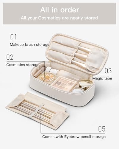 Cosmetic Bags with Brush Compartment,Large Capacity Samll Makeup Bag,Travel Essentials for Women,White — view 3