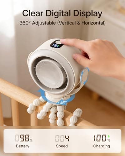 SWEETFULL Portable Pram Fan, Pinch-Proof Baby Stroller Fan, 10H Battery, 5-Speed Quiet Mini Clip on Fan, USB-C Rechargeable with LED Display for Buggy, Car Seat, Crib, Travel Essentials, Beige — view 2