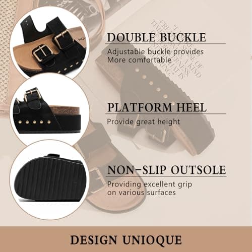 Women's Platform Sandals Cork Footbed Adjustable Double Buckle Slides — view 5