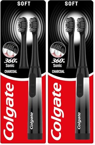 Colgate Battery 360 Sonic Charcoal Soft Toothbrush with Charcoal Infused bristles Cleans in 4 Ways for a Healthy, Whole Mouth Clean with a Replaceable Head and a Battery (Pack of 2)