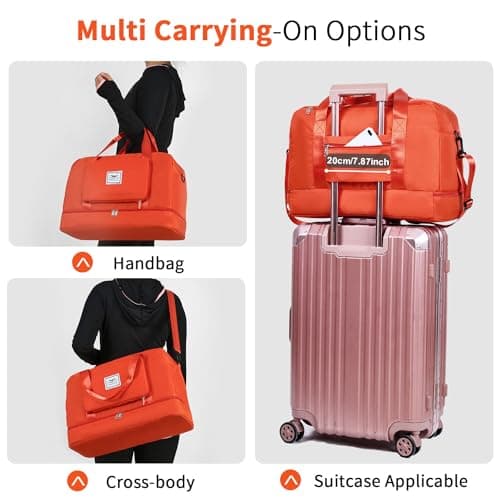 FIORETTO Womens Foldable Weekend Bag Overnight Hospital Bag with Shoes Compartment & Wet Pocket, Water Resistant Gym Bag Duffle Bag Travel Bag Holdall for Women Men Orange — view 5