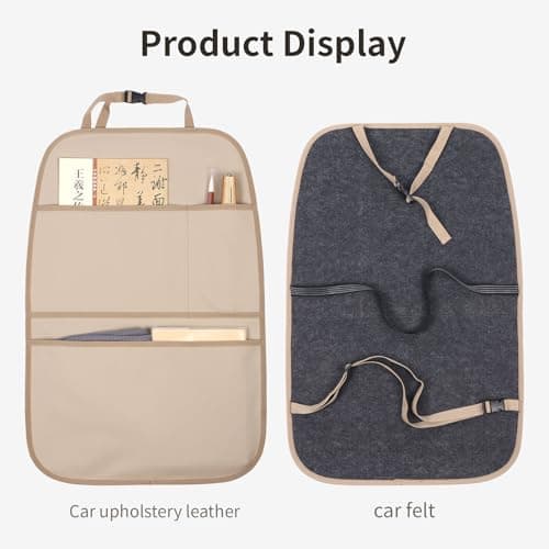 pefirst Kick Mat Back Seat Protector Waterproof Leather Car Seat Back Organizers Cover with 3 Storage Pockets for Kids Pets SUV Sedan Minivan Truck Car Travel Accessories (Beige 2-Pack) — view 6