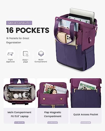 LOVEVOOK Purple Backpack Womens, 15.6 inch Laptop Rucksack Bag for Women, Waterproof Work Backpack for Teacher Nurse, Fashion School Bags with USB Port for University Travel Office Business, Purple — view 2