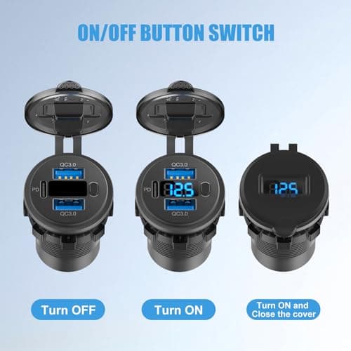 12V USB Outlet, 56W 12V USB Socket Car Charger with Dual QC 3.0 and PD 3.0 Three Car USB Port, Waterproof Car USB Charger Multi Port with Power Switch LED Voltmeter for Car Boat Marine Truck RV, etc. — view 4
