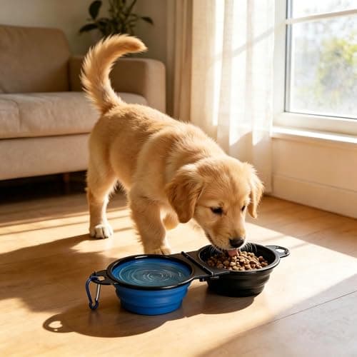 Anti-Tipping Connected Dual Foldable Pet Bowls, 350ml each for small dogs & cats, reinforced rim, collapsible portable food & water feeder, great for walking, hiking, outdoor activities (Black & Blue) — view 4