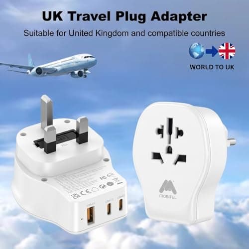 Mobitel Universal Travel Adapter UK with 20W USB-C PD 1 USB-A & 2 USB-C Ports Worldwide Plug Adapter for EU US AU Asia Fast Charging Power Adapter for Travel (White) — view 4