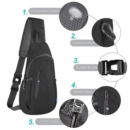 TITECOUGO Small Canvas Sling Bag Lightweight Crossbody Bag for Women Rucksack for Men Running Backpack Travel Chest Pack Shoulder Daypack for Gym Work Outdoor Hiking Sports Dark Black — view 5