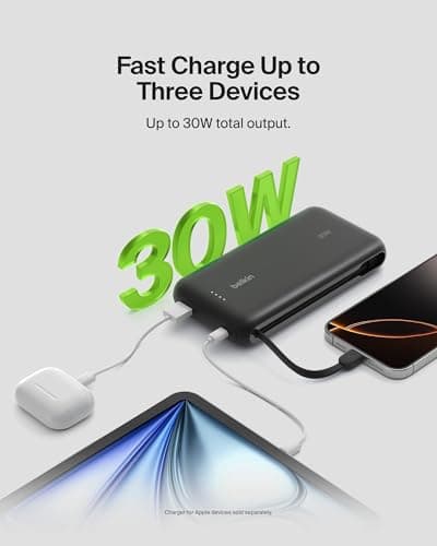 Belkin Portable Charger, Power Bank with Integrated Cable 20K PD 30W - Fast Charging USB-C Power Delivery, Portable Charger for iPhone 16 Series, iPad Pro, Galaxy S25 Series, and More - Black — view 3