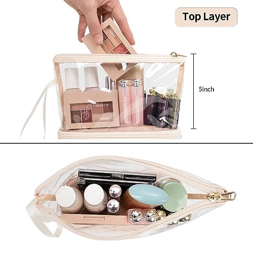 Clear Makeup Bag with Brushes Compartment Travel Toiletry Bag Cream — view 3