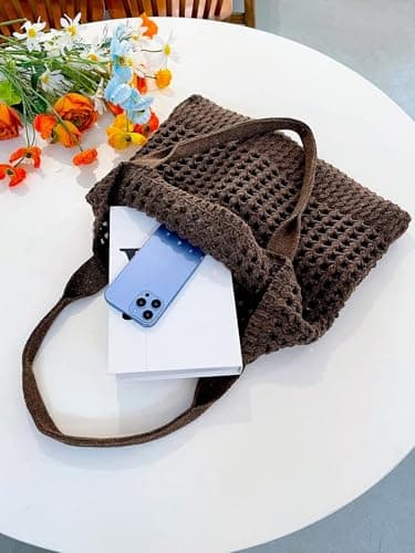 ENBEI Womens Large Beach Tote Bags Shoulder Handbags knit bag Tote bag aesthetic for Beach Crocheted tote cute Tote bags, Coffee, L — view 3