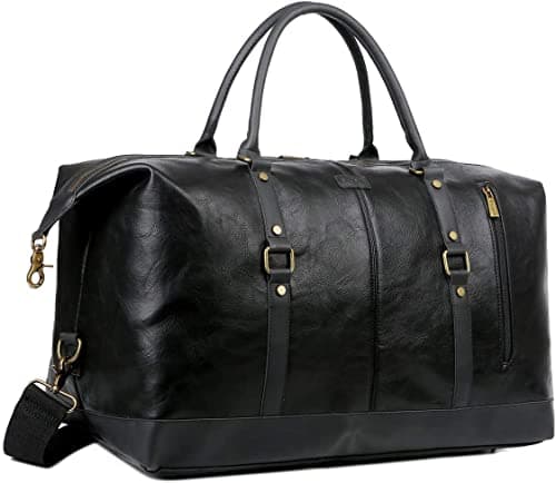 BAOSHA Oversized Faux Leather Travel Duffel Tote Bag Carry On Overnight Weekender Bag Travel Holdall for Men and Women HB-14 (Black)