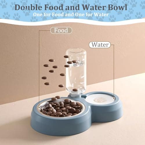 TANXIC Double Dog Cat Bowls, Pets Food and Water Bowl Set with Automatic Water Dispenser and Stainless Steel Bowl Silicone Dog Bowl Mat, Gravity Feeder for Cats and Small Dogs Puppies (Blue) — view 3