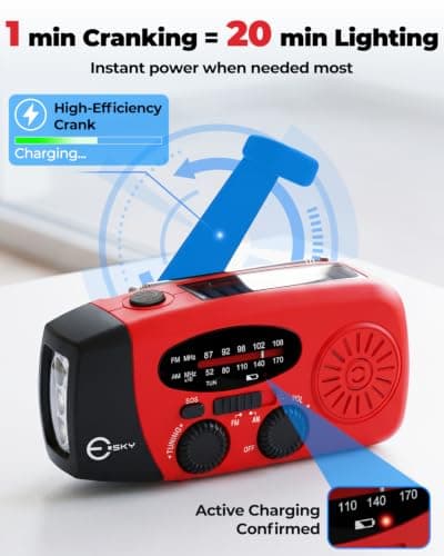 Esky Wind Up Radio, Survival Hand Crank Solar Radio AM/FM Emergency Weather Radio, 2000mAh Rechargeable USB Phone Charger, SOS Alarm, LED Bright Flashlight, for Household and Outdoor Camping, Hiking — view 6