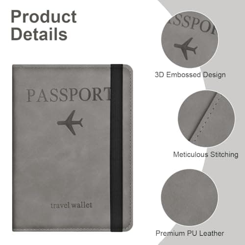 AOOSU Passport Holder Cover, PU Leather Passport Cover with RFID Blocking Travel Wallet, Portable Universal Travel Wallet Case Organiser for Money, Boarding Passes, Credit Cards Gray — view 4