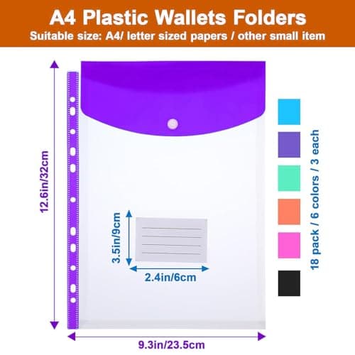 FITULABO 12 Pack Plastic Wallets A4 Punched Poly Pockets, Expanding Document Folders with Button & Label Pocket, Multicolour PVC File Sleeves for School, Home & Office — view 2